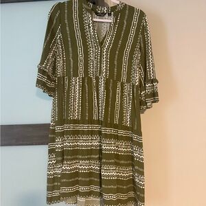 Mlle Gabrielle Olive and White Long Sleeve Dress